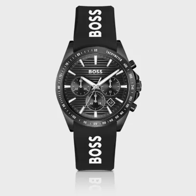 Hugo Boss Strike Black-dial chronograph watch with silicone logo strap